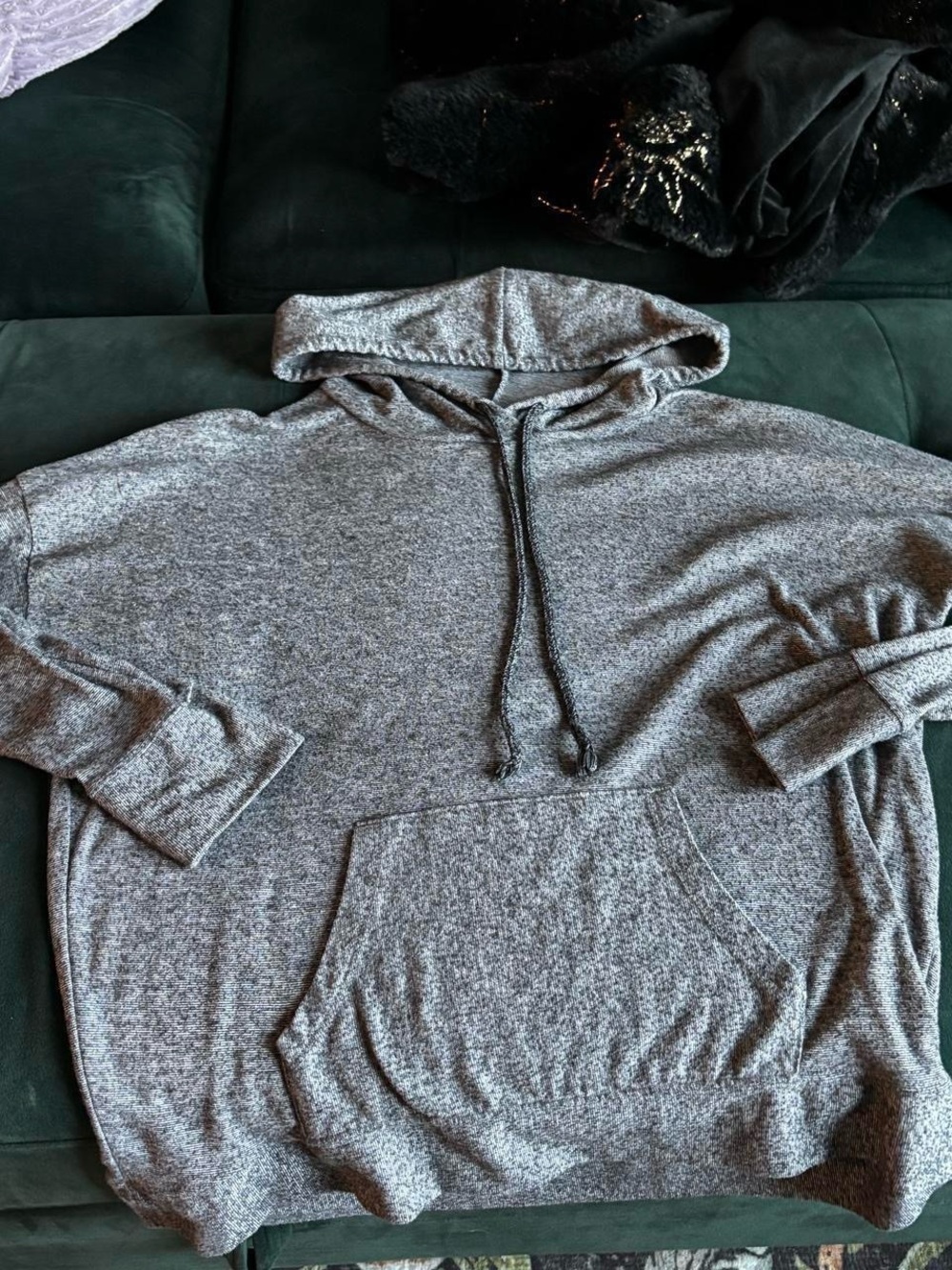 Heather Gray Hooded Lightweight Sweatshirt with 3 Quarter Length Sleeves